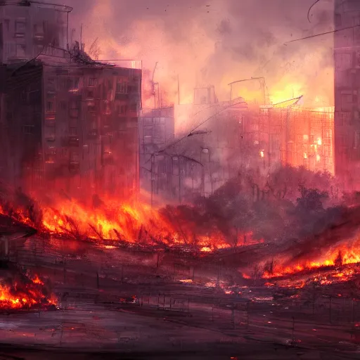 Prompt: a scene of utter destruction, with fires burning and buildings collapsing. painting, digital art, harsh lighting, 4 k hd wallpaper, trending on art station