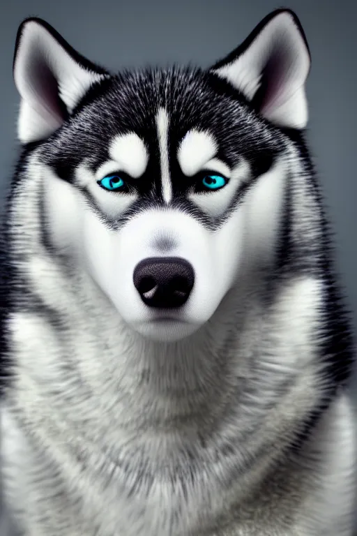 Image similar to proud husky with green flowing hair and heterochromia, studio lighting, realistic, beautiful, chromatic aberration, 4 k, in focus, very detailed, global illumination