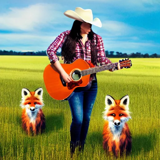 Image similar to a female fluffy anthropomorphic fox animal, head of fox, wearing cowboy hat, wearing plaid shirt, playing guitar, in a field, barn in background, album cover style