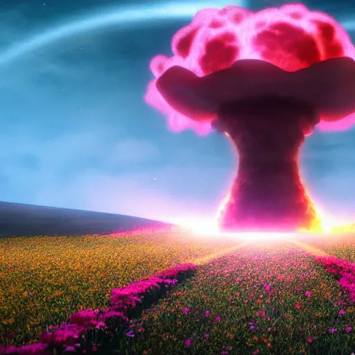 Image similar to a nuclear explosion made out of flowers, night, bioluminecent, vivid, powerful, matte painting, trending artstation, octane render, 8k,