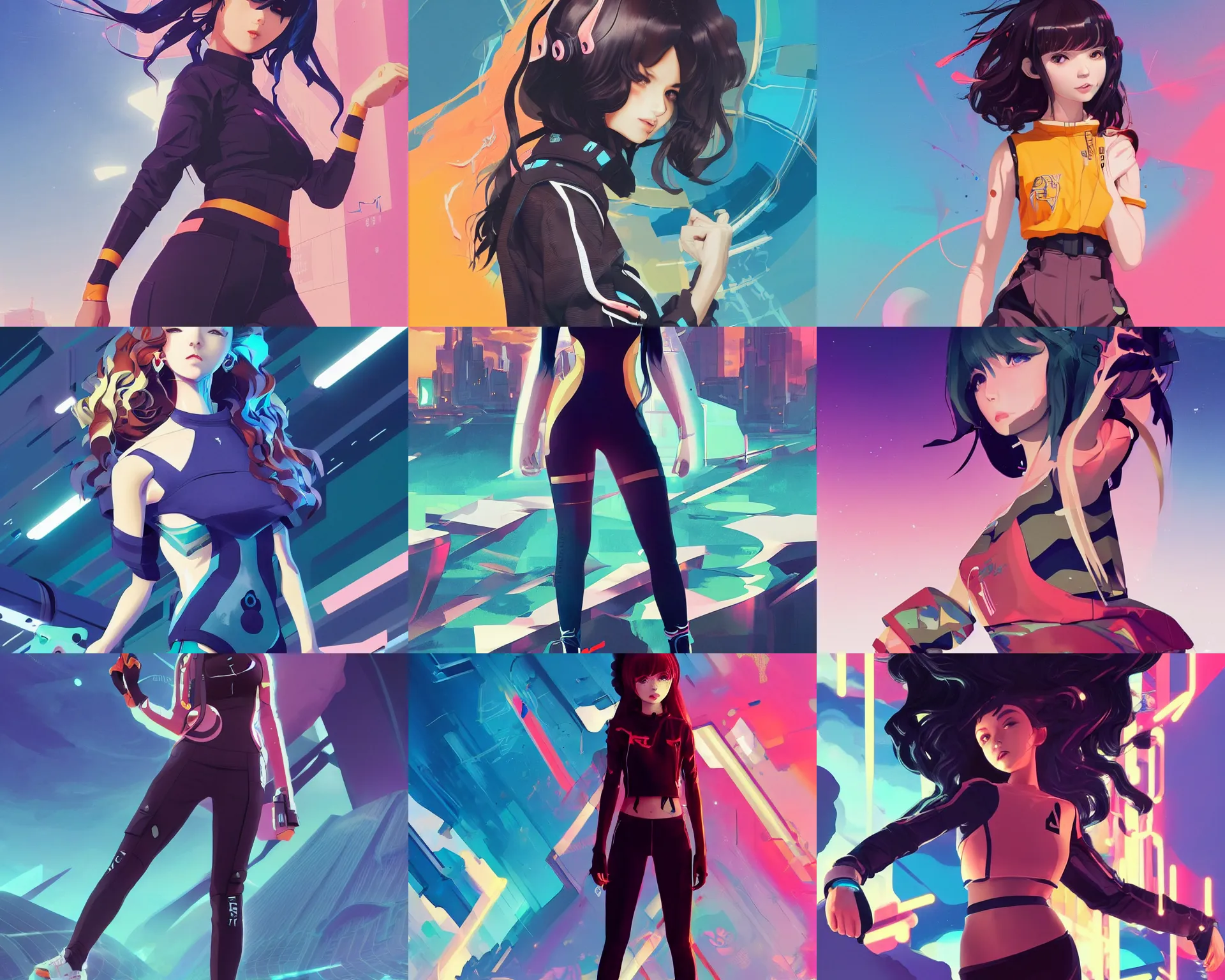 Prompt: uncropped full body poster girl with futuristic streetwear and wavy hair holding her arms crossed, complementary colour palette, cute face, pretty face, anime by kuvshinov ilya, artgerm and greg rutkowski, 4 k, hdr, graphic design, adobe illustrator, behance, trending on artstation