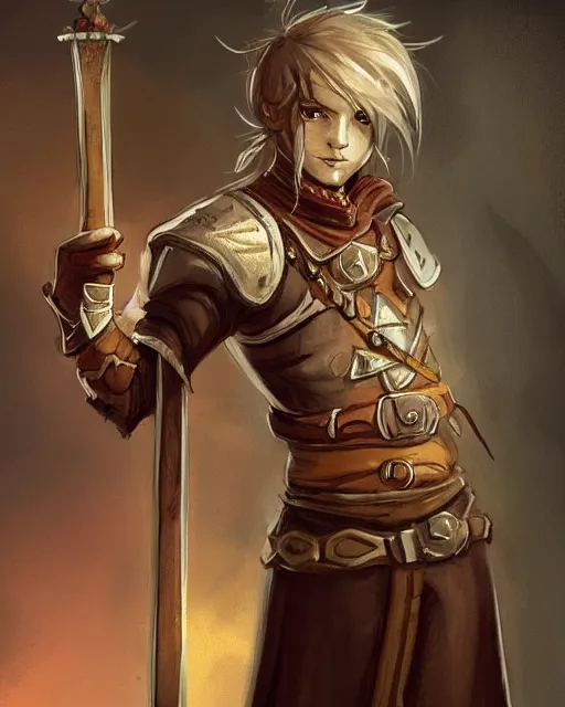 Image similar to a concept art of a D&D character, holding a small sword made by Donutello, white background