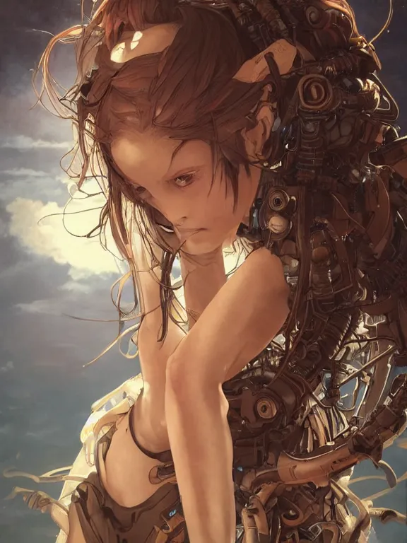 Prompt: full body picture of a biopunk powered suite girl looking at the camera, cynical, bored, being tired at war, beautiful and aesthetic, intricate, unreal engine, messy hair, highly detailed, detailed face, smooth, sharp focus, chiaroscuro, manga illustration, artgerm, greg rutkowski, alphonse mucha, young adult light novel cover art