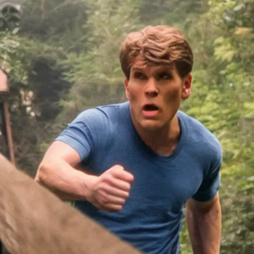 Image similar to Live Action Still of Jerma985 in The Goonies, real life, hyperrealistic, ultra realistic, realistic, highly detailed, epic, HD quality, 8k resolution, body and headshot, film still