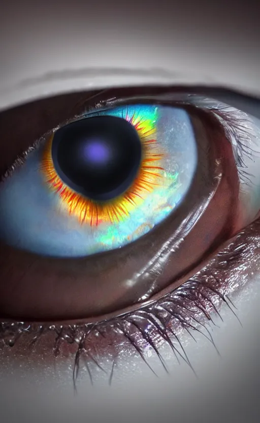 Image similar to image of an eyeball with iridescent pupil, art, photorealistic, realistic, photo, 8K, HDR, 8K resolution, detailed, high quality, high resolution, lossless quality