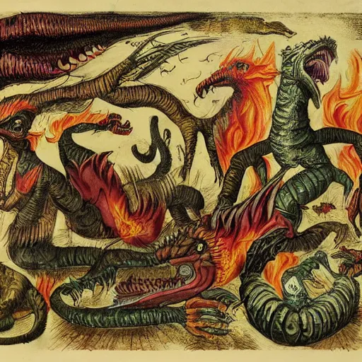 Image similar to bizarre bestiary of repressed emotional creatures starting a fiery revolution in the psyche