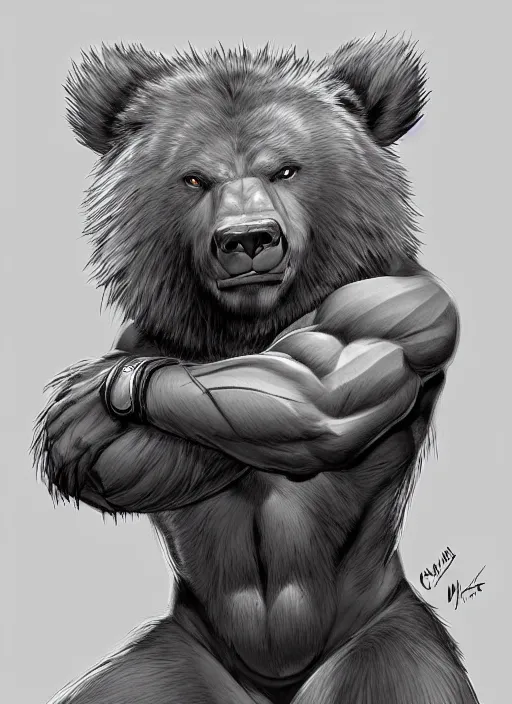 Prompt: award winning beautiful portrait commission art of a muscular shirtless male furry anthro grizzly bear fursona with a cute beautiful attractive detailed furry face wearing workout clothes at the gym. Character design by charlie bowater, ross tran, artgerm, and makoto shinkai, detailed, inked, western comic book art