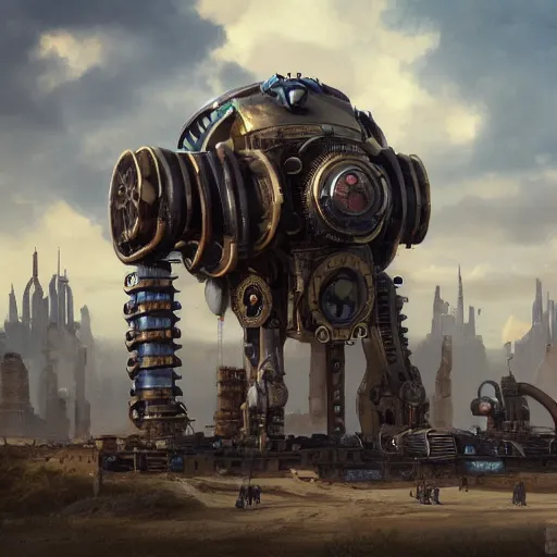 Prompt: colossal steampunk mech with blue piping enveloping its entirety, 4 k photorealism, trending on artstation, 4 k quality