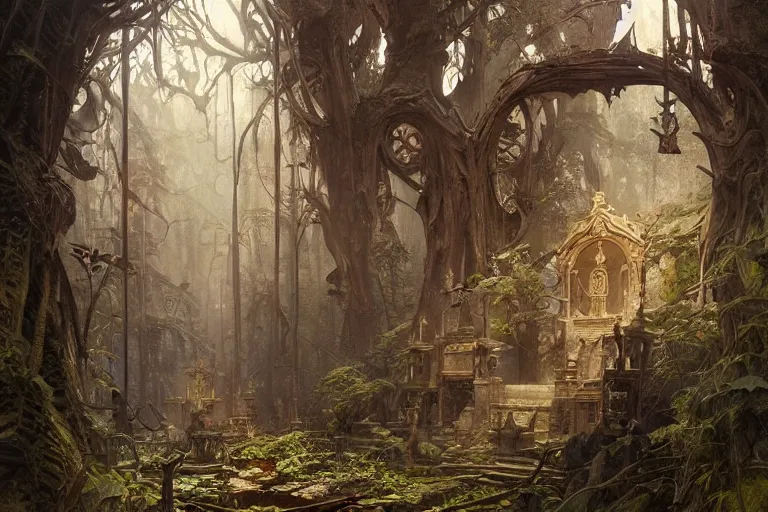 Image similar to painting of an demonic shrine in the grim, forest, concept art, intricate details, eerie, highly detailed, photorealistic, octane render, 8 k, unreal engine. art by artgerm and greg rutkowski and alphonse mucha