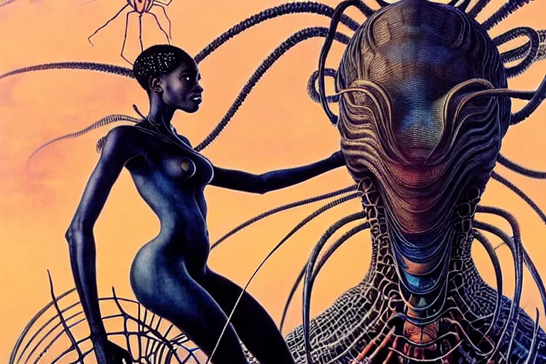 Image similar to realistic detailed portrait movie shot of a beautiful black woman riding a giant spider, dystopian city landscape background by denis villeneuve, amano, yves tanguy, alphonse mucha, max ernst, ernst haeckel, kehinde wiley, jean delville, david lynch, roger dean, cyber necklace, rich moody colours, sci fi patterns, dramatic, wide angle