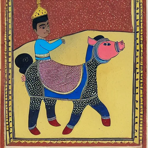 Image similar to boy with gold crown riding pig in style of Gond Paintings