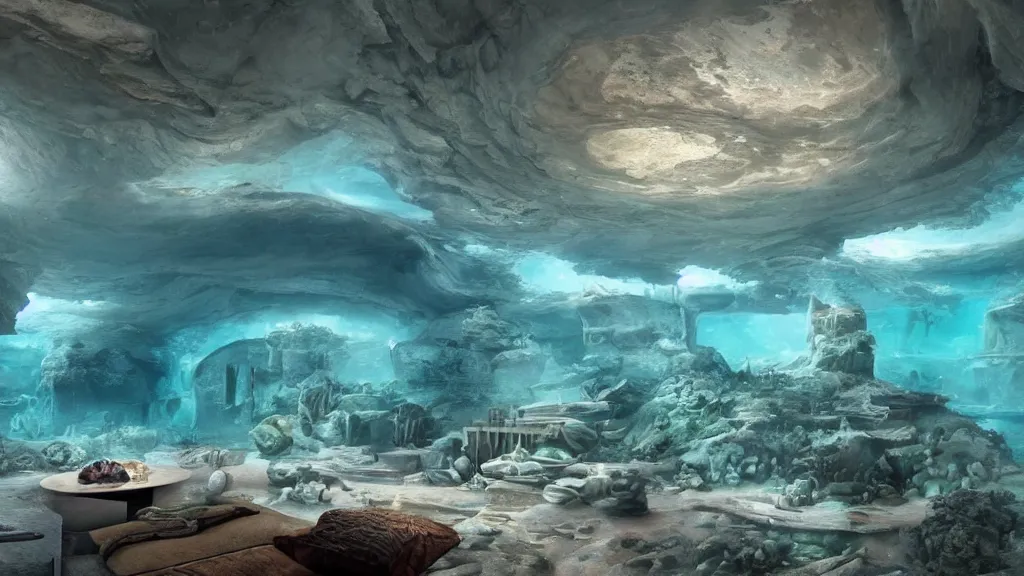 Prompt: A living room in the underwater city of Atlantis