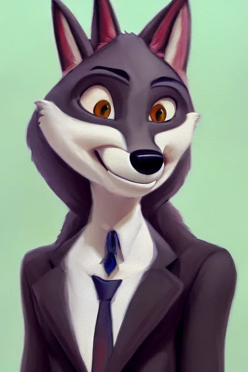 Image similar to oil painting of anthromorphic female wolf, in style of zootopia, female fursona, furry, furaffinity, 4 k, deviantart, furry art, fursona art, wearing black business suit, business suit, wolf fursona, female, smug expression,