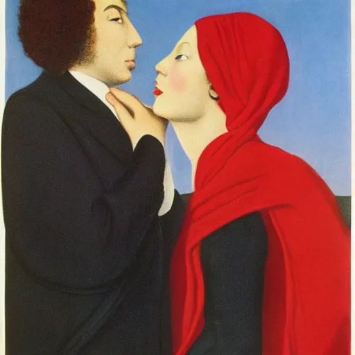 Image similar to a woman in a red dress kissing a man in a suit with both of them having a blanket completely covering their heads, rene magritte style