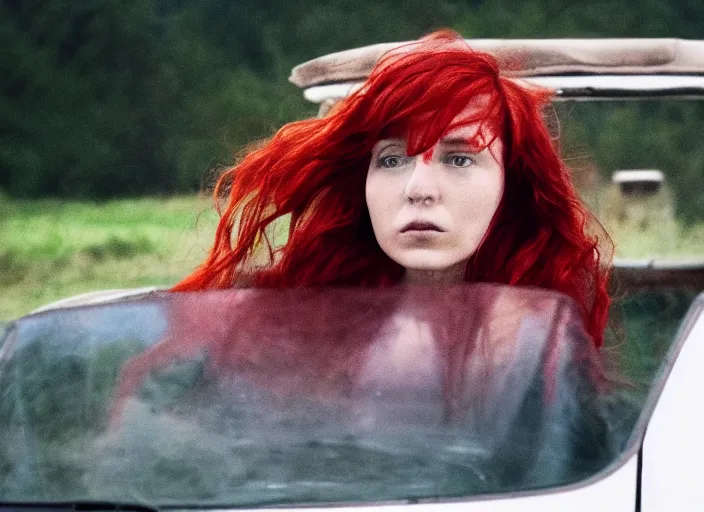 Image similar to A very high resolution image from a new movie, inside of a car, red hair woman, raining, hot, directed by wes anderson