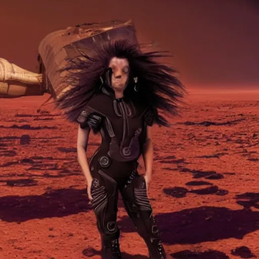 Prompt: portrait of mysterious humanoid, with hair like wisps of smoke, wearing gothy purple and black spandex suit, standing next to smashed spacecraft wreckage, on the orange surface of mars, highly detailed, dramatic lighting, photorealistic, movie still from Dune