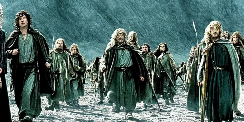 Image similar to the lord of the rings but frodo is the tallest among the fellowship promo shot from movie by peter jackson