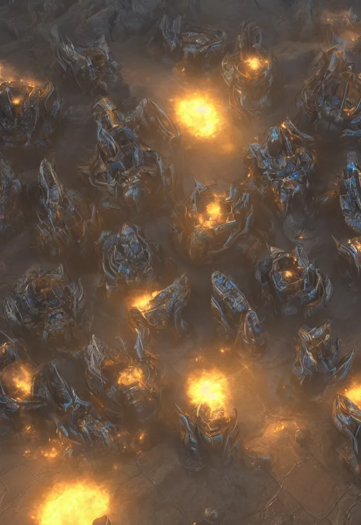 Prompt: protoss base with units warping from the gate, realistic, soft natural volumetric lighting, beautifully detailed 4 k octane render, 4 k post processing 8 k