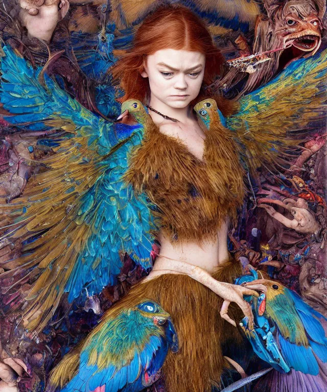 Image similar to a portrait photograph of a meditating fierce sadie sink as a colorful harpy bird super hero with blue wet amphibian skin. she has animal skin grafts and cyborg body modifications and implants. by donato giancola, hans holbein, walton ford, gaston bussiere, peter mohrbacher and brian froud. 8 k, cgsociety, fashion editorial