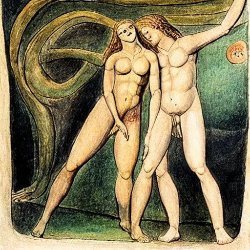 Image similar to adam and eve in the style of william blake