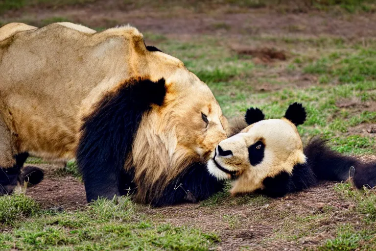 Image similar to a lion panda!!! hybrid! hyper realistic!! realistic lighting!! wildlife photographer of the year!!! bold natural colors, national geographic, hd, wide angle, 8 k