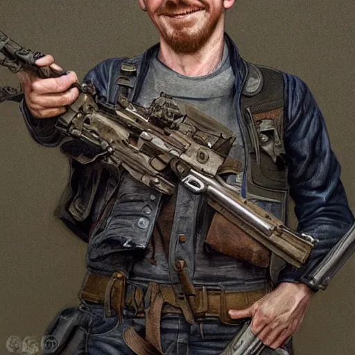 Prompt: portrait painting of smiling simon pegg with a rifle, ultra realistic, concept art, intricate details, eerie, highly detailed, photorealistic, octane render, 8 k, unreal engine. art by artgerm and greg rutkowski and alphonse mucha