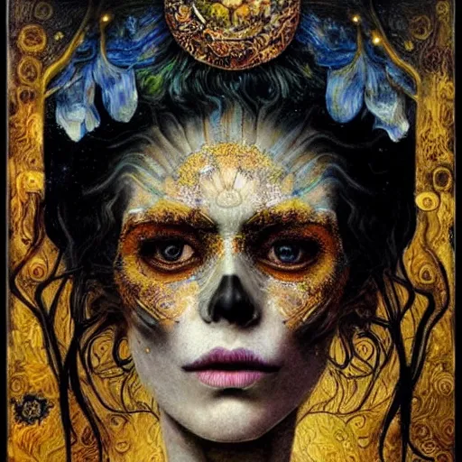 Prompt: Memento Mori by Karol Bak, Jean Deville, Gustav Klimt, and Vincent Van Gogh, beautiful visionary mystical portrait, calavera, otherworldly, fractal structures, ornate gilded medieval icon, third eye, spirals, sugar skull by Van Gogh