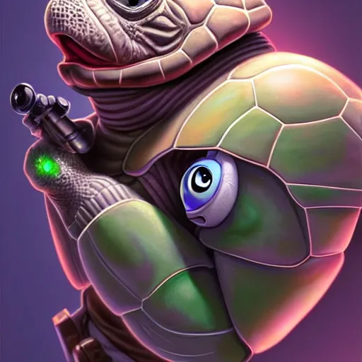 Image similar to old turtle, sci - fi, charming, pixar splash art, art by artgerm, intricately detailed, highly detailed, trending on artstation, 4 k, wallpaper - 1 0 2 4