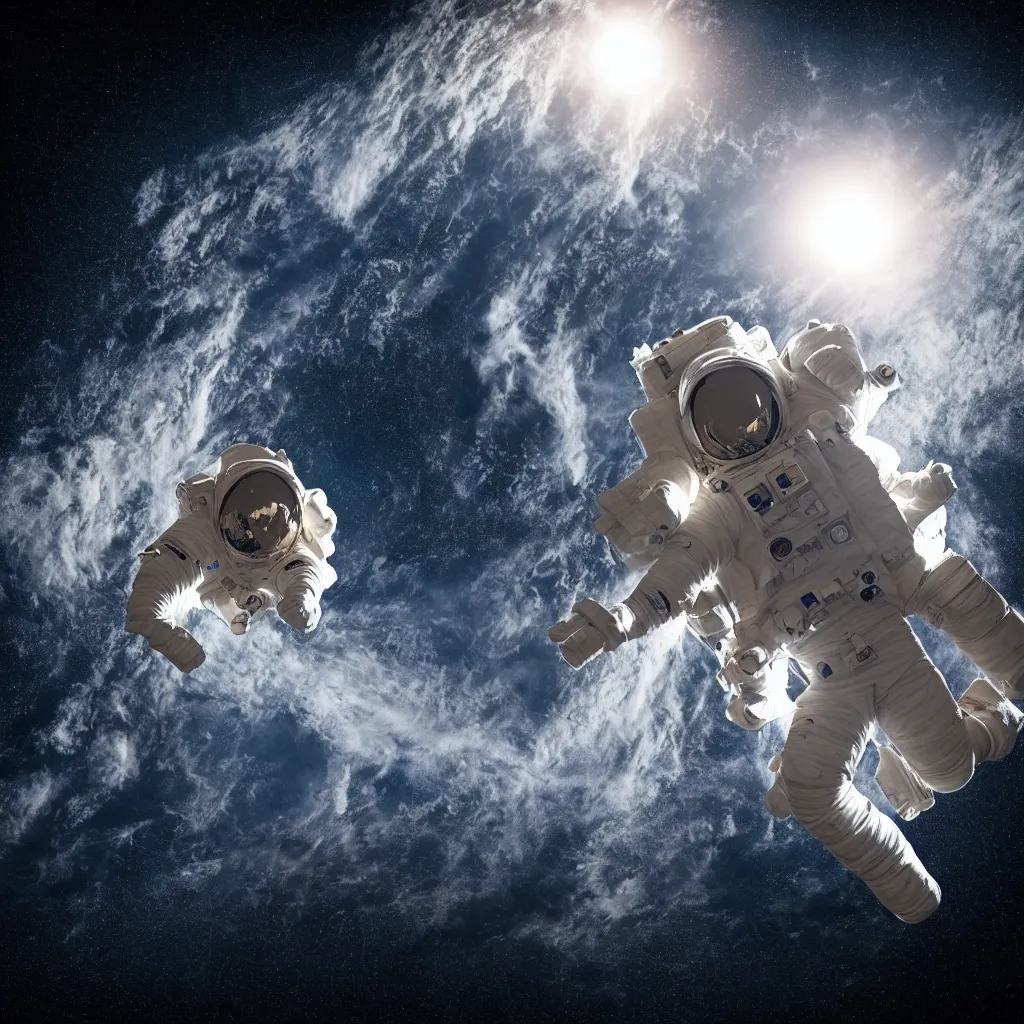 Prompt: a professional photo of an astronaut floating, shot from the back, over a white background, backlighted
