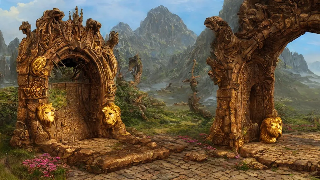 Image similar to A giant medieval fantasy portal gate with a rusty gold carved lion face at the center of it, the portal takes you to another world, full of colorful flowers on the lost Vibes and mountains in the background, spring, delicate fog, sea breeze rises in the air, by andreas rocha and john howe, and Martin Johnson Heade, featured on artstation, featured on behance, golden ratio, ultrawide angle, f32, well composed