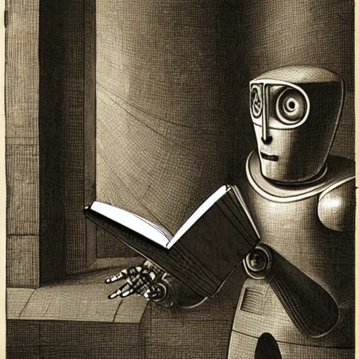 Image similar to a robot reading a book by leonardo da vinci