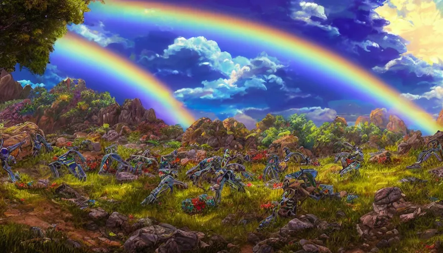 Prompt: the beautiful, dreamy, wistful, rainbow colorful panoramic view of dead calvary soldiers on a field and rocks at dusk. my soldiers, rage! hyperrealistic anime background illustration, colorful, extremely detailed intricate linework, smooth, super sharp focus, bright colors, high contrast, matte, octopath traveler, unreal engine 5 highly rendered, global illumination, radiant light