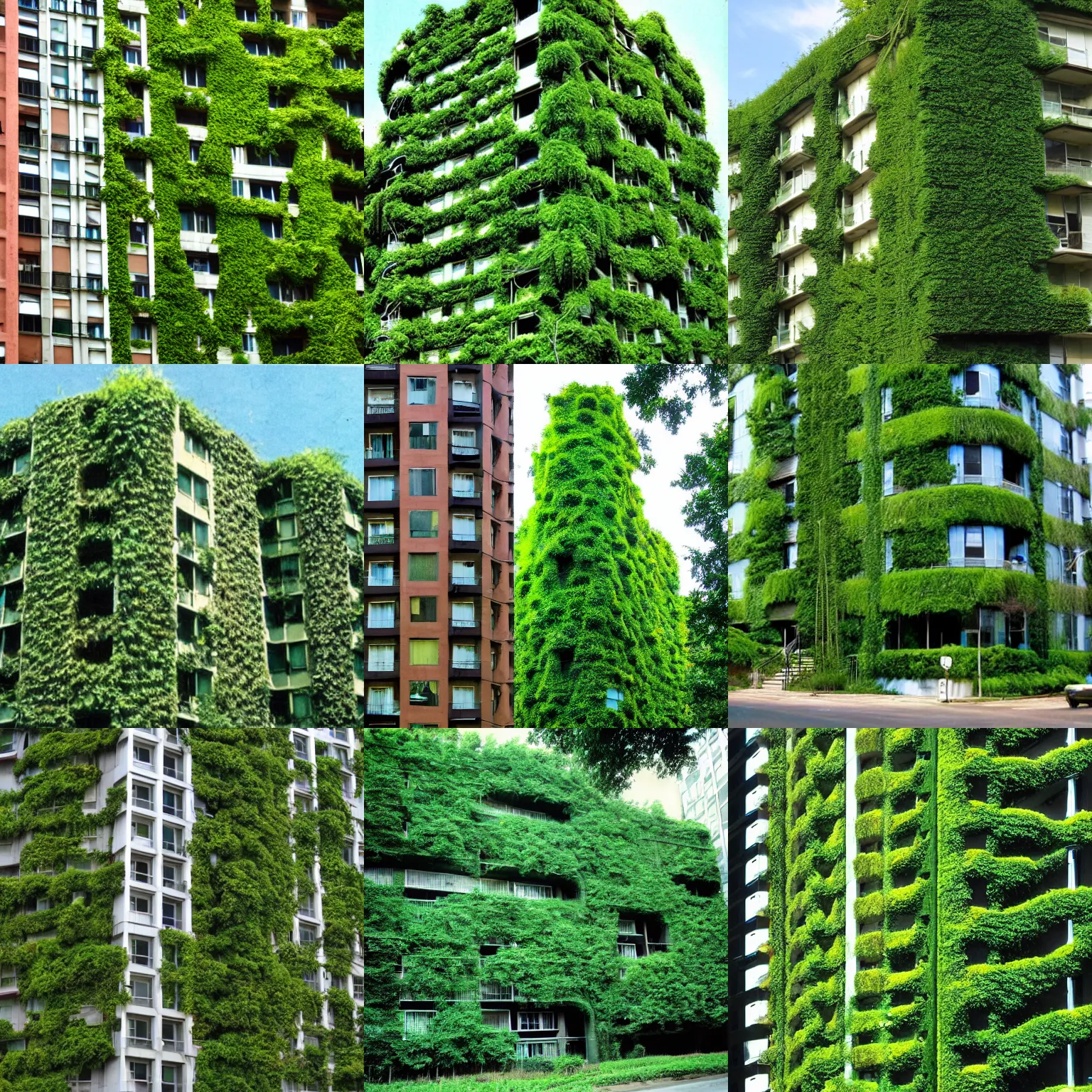 Prompt: 1970s apartment building covered in kudzu vines trees lush foliage utopian green city