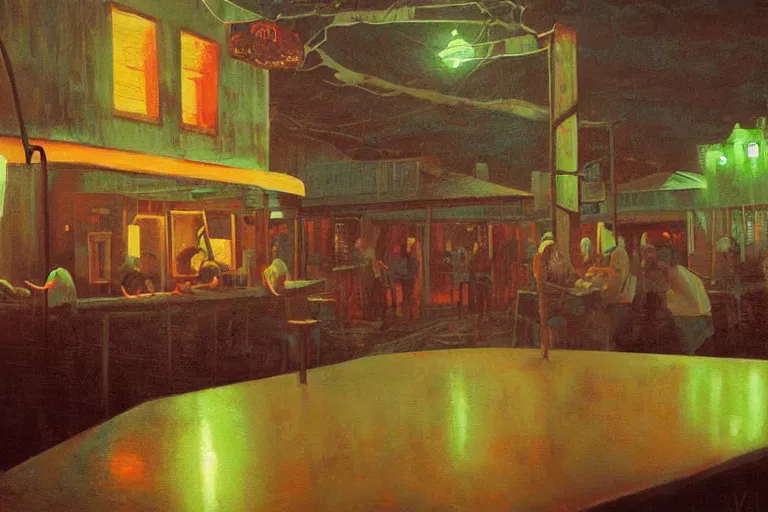 Prompt: scene from louisiana swamps, bar, neon cross, voodoo, artwork by tim eitel