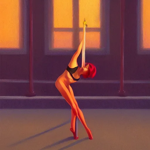 Image similar to A beautiful pole dancing fairie, symmetrical features, cinematic lighting, soft bokeh, fantasy, modern, colourful, highly detailed, digital painting, artstation, deviantart, concept art, sharp focus, illustration, by Edward Hopper and Rene Magritte