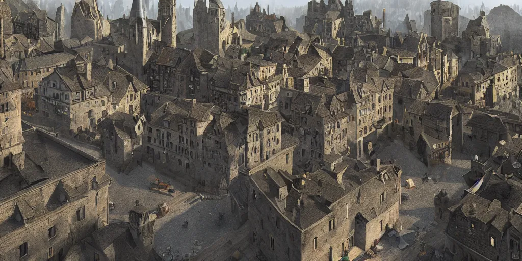 Image similar to scene from a thriving medieval town, imposing stone building in the center, lots of people going about their business, fantasy setting, highly detailed, albert bierdstat, manelbulb 3 d, high resolution, 8 k, photorealism, unreal engine, octane render, artstation