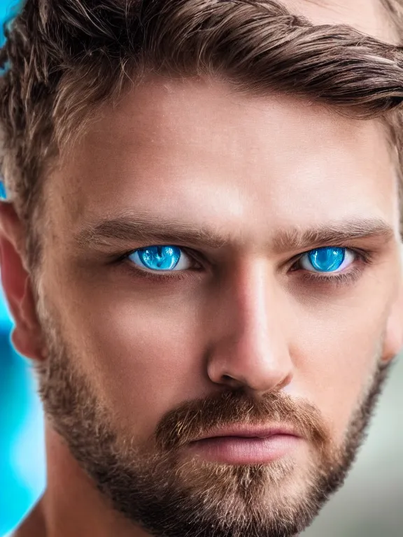 Prompt: 4K HD, high detail photograph, shot with Sigma f/ 4.2 , 250 mm sharp lens, shallow depth of field : (subject= Beautiful man with blue eyes + subject detail= accurate body features, consistent, high detailed light refraction , high level texture render)