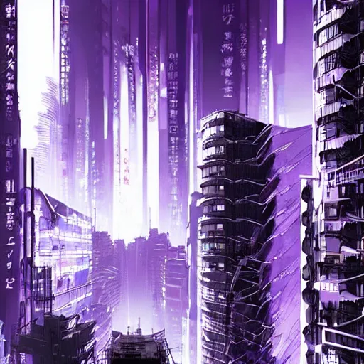 Image similar to Futuristic Concrete Dense Tokyo in style of Tsutomu Nihei in purple and black tones. ArtStation, Cyberpunk, vertical symmetry, 8K, Highly Detailed, Intricate, Album Art.