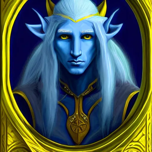 Prompt: A blue skinned male elf with yellow eyes, noble, scholar, clad in robes, forwards facing, centered, fair, fantasy concept art, beautiful, mystical eyes, magical lighting, mystical, shimmers, nature, oil painting-n 9