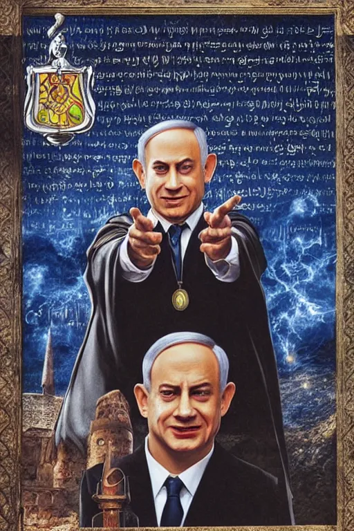 Prompt: benjamin netanyahu in a harry potter movie poster, philosopher's stone, highly detailed, by drew struzan