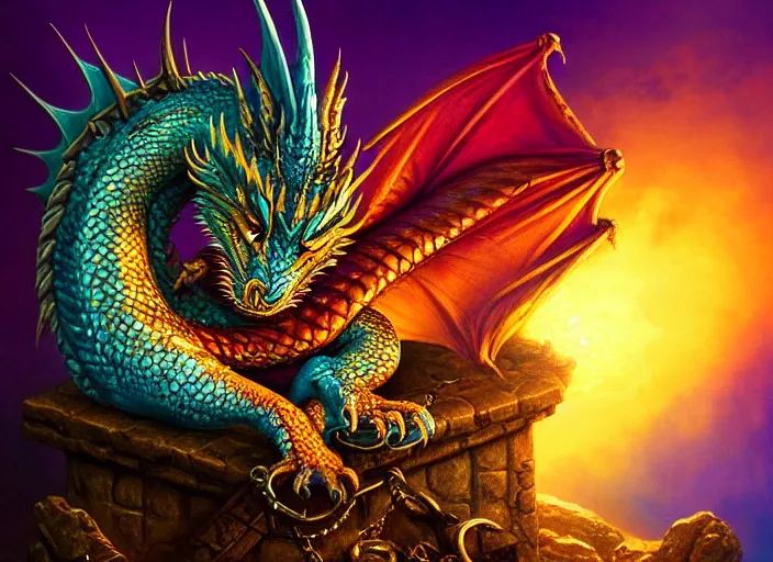 Image similar to colorful cute dragon asleep on a pile of treasure, dramatic light, dungeon background, treasure, gold, jewels, treasure pile, high detail, fantasy background, painted todd lockwood, jeff easley, greg rutkowski, james gurney, artgerm, digital art, trending on artstation