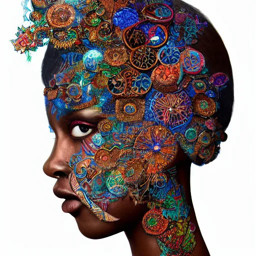 Image similar to professional photograph portrait of African Elvin princess, fantasy surrealism, intricate complexity, manga styling, intricate complexity, subsurface scatter, drum scanner, 8k render