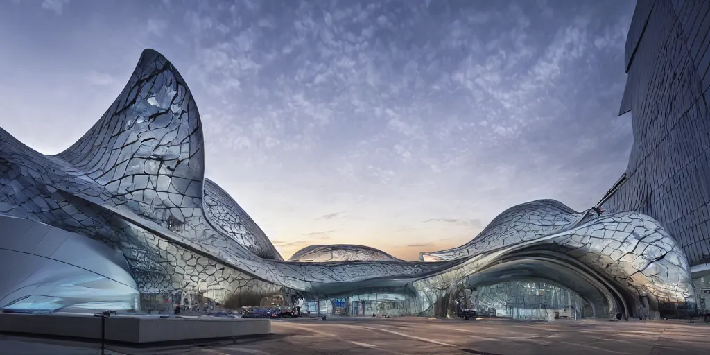 Image similar to extremely detailed ornate stunning sophisticated beautiful elegant futuristic museum exterior by Zaha Hadid, stunning volumetric light, stainless steal, concrete, translucent material, beautiful sunset, tail lights