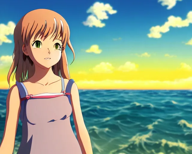 Prompt: anime fine details portrait of joyful girl at beach anime masterpiece by Studio Ghibli. 4k render.
