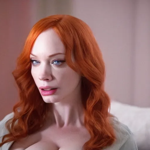 Image similar to amazing beautiful Christina Hendricks with an amazed look on her face in the living room, film still from the movie directed by Denis Villeneuve , wide lens