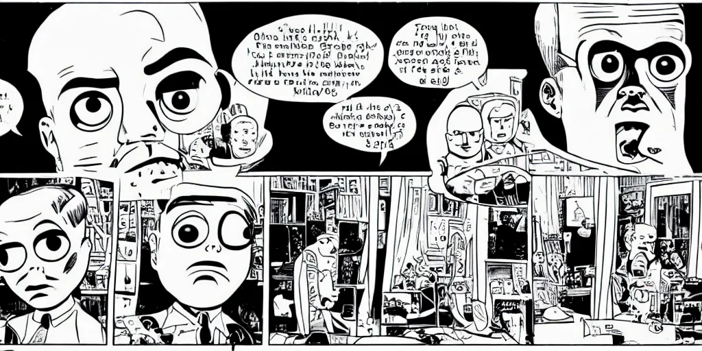 Prompt: a single sad, fearful guy by daniel clowes, comic, black and white, single panel, close up