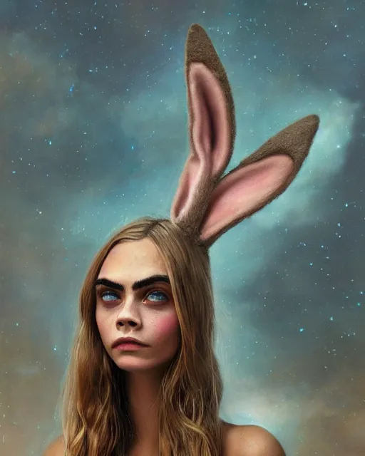 Prompt: closeup face profile portrait of cara delevingne as a soviet chernobyl space rabbit, bikini, depth of field, zeiss lens, detailed and intricate environment, fashion photoshoot by nicoletta ceccoli, mark ryden, lostfish, breathtaking, 8 k resolution, artistic, hyperrealistic, octane render