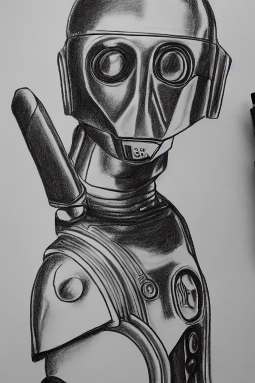 Prompt: simple child's drawing of c 3 po, pencil, black and white, no shading