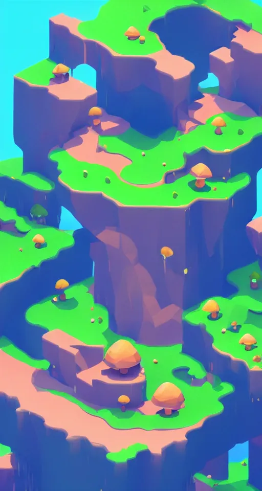 Image similar to a cute little matte low poly isometric mushroom island, waterfalls, mist, lat lighting, soft shadows, trending on artstation, 3d render, monument valley, fez video game,