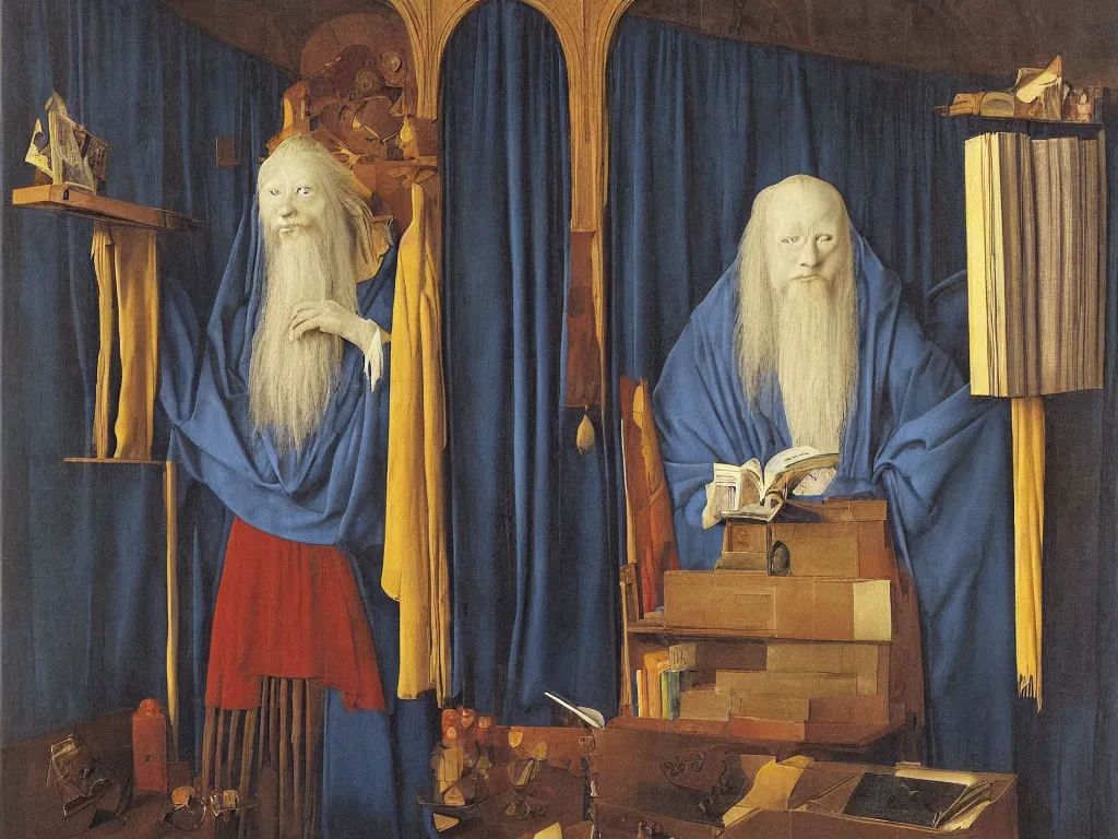 Image similar to Portrait of albino mystic with blue eyes, with books, large illustrated manuscripts. Painting by Jan van Eyck, Audubon, Rene Magritte, Agnes Pelton, Max Ernst, Walton Ford